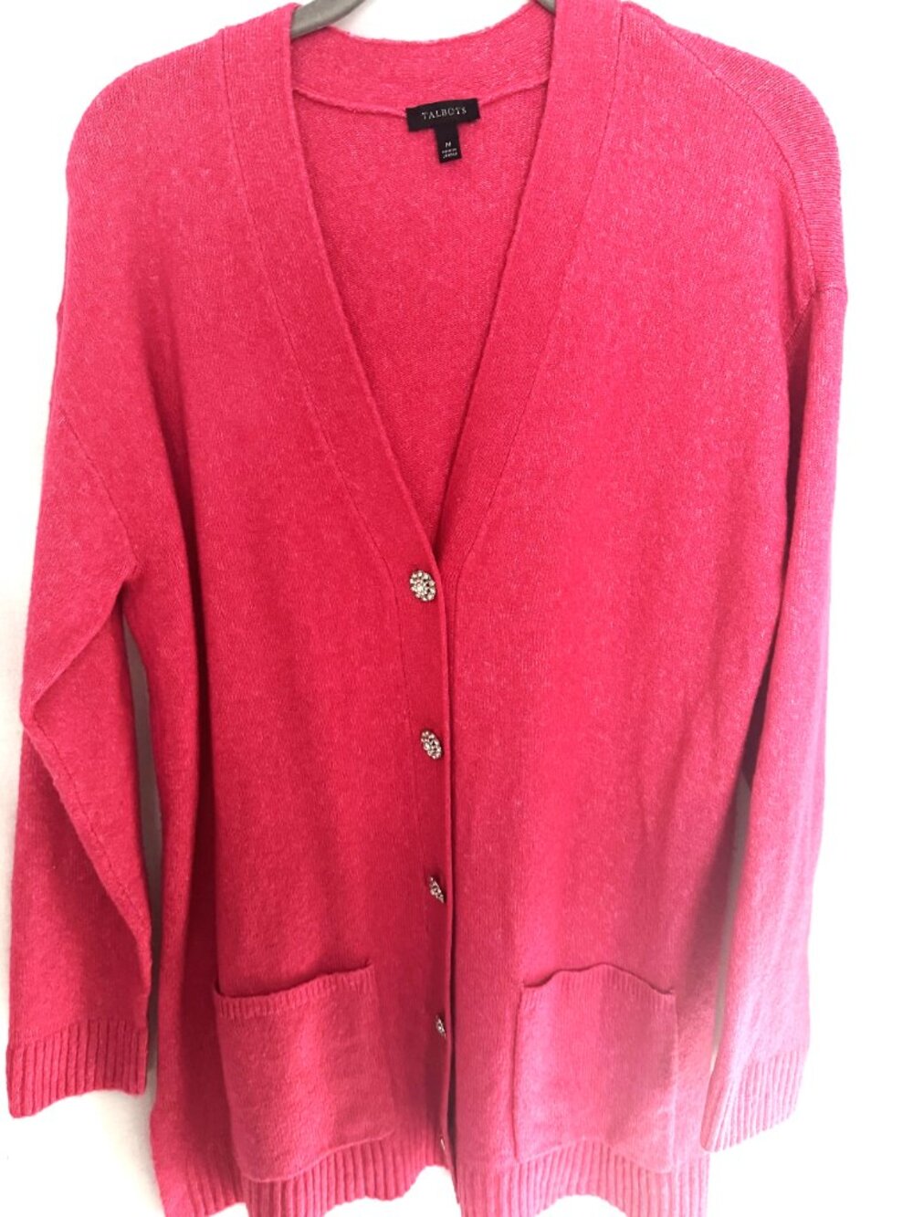 Talbots Womens Pink Longline Cardigan Sweater Rhinestone Buttons Size M